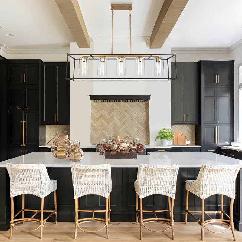 Modern Farmhouse Black Gold 5-Light Linear Cage Chandelier with Cylinder Glass - 49.2"W x 12.6"D x 27"-76.6"H