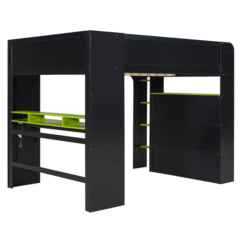 Next-Gen Gamer's Full Size Loft Bed with Adjustable Desk, RGB Lighting, Charging Ports and Storage Space