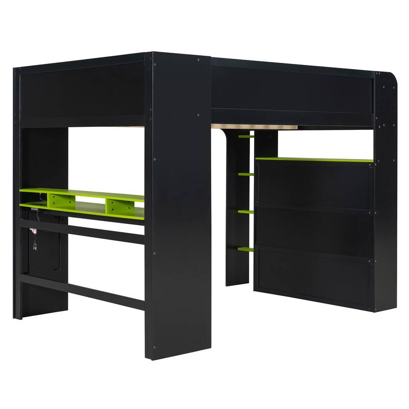 Roomfitters Full Size Loft Bed with Adjustable Desk, Wardrobe Storage, and RGB Lighting