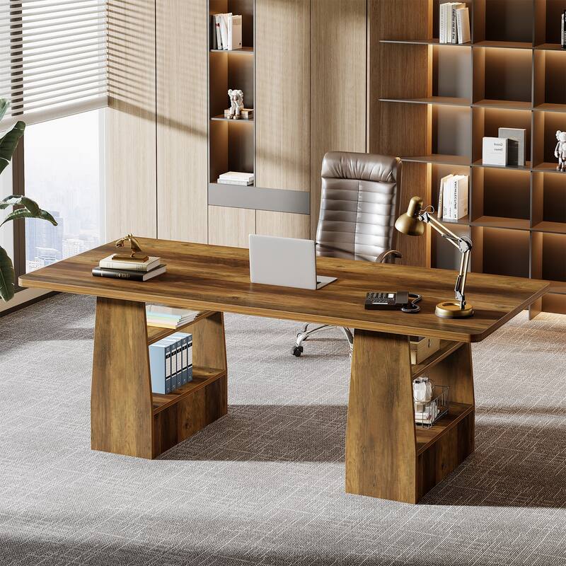 63” Executive Desk with Storage Shelf, Large Computer Writing Table for Office - Brown