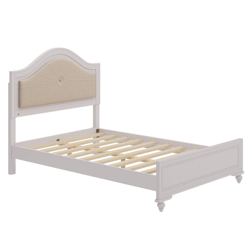 Cream Grey Bed Frame with Curved Hidden Built-in Light Upholstered Headboard Lowprofile Platform Bed Wood Slat Support Panel Bed