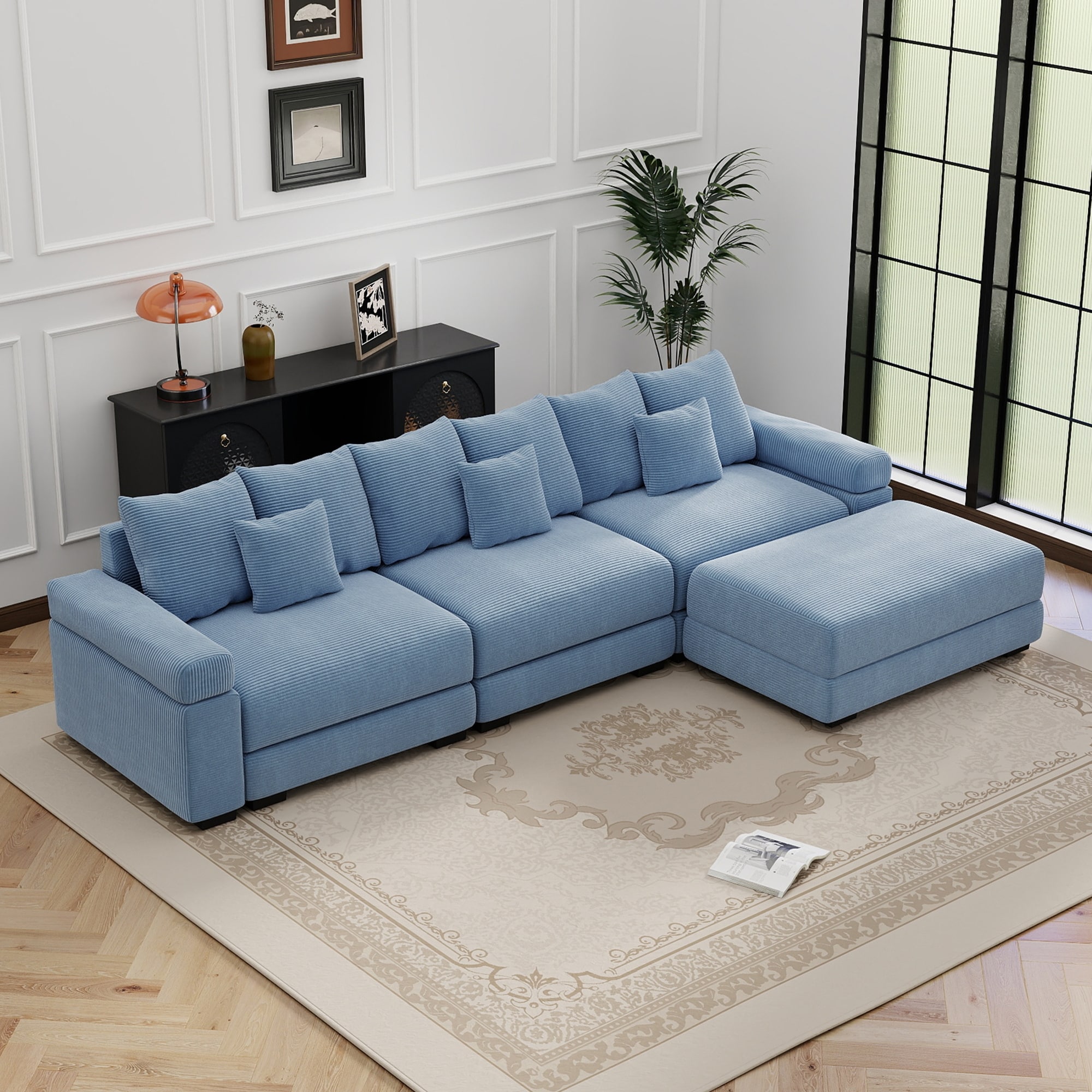 GDFStudio - Corduroy L-Shaped 3-Seater 130" Cloud Modular Sectional Couch with Ottoman
