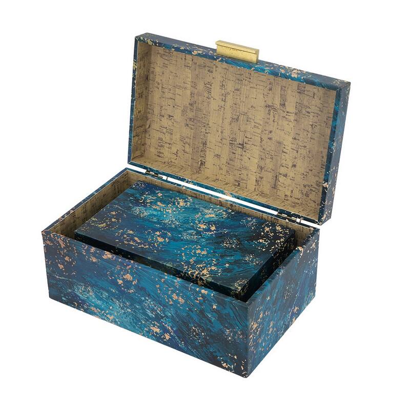 Set of 3 Decorative Rectangular Storage Boxes, Gold Handles, Blue Design