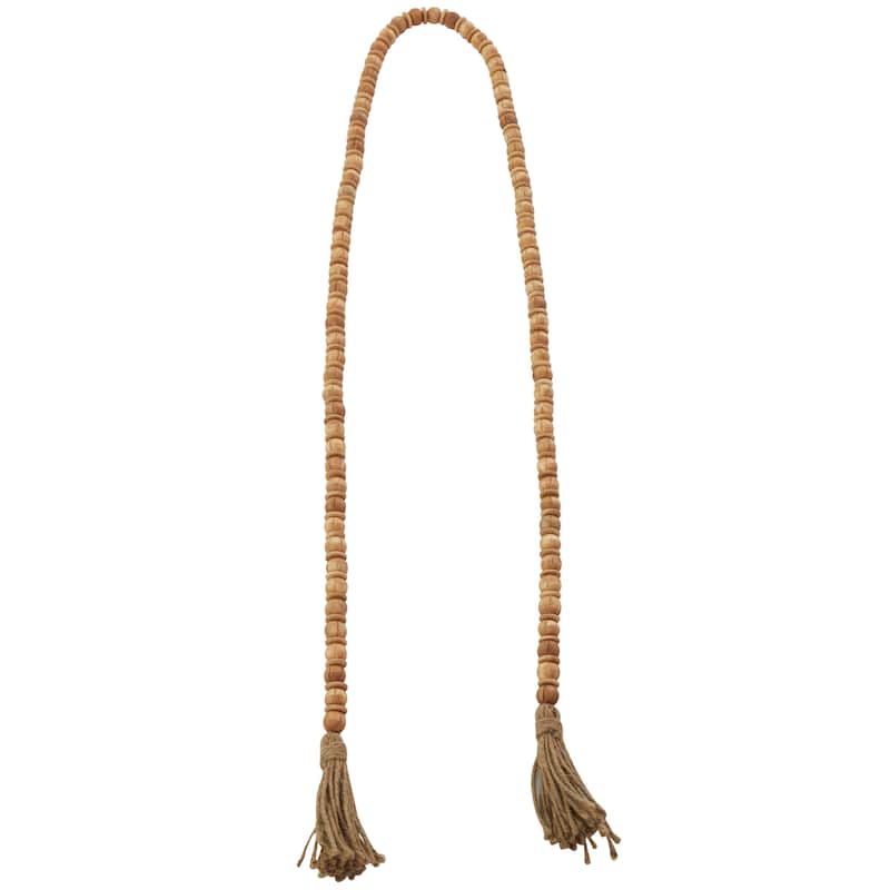 Brown Mango Wood Handmade Round Long Carved Beaded Garland with Tassel