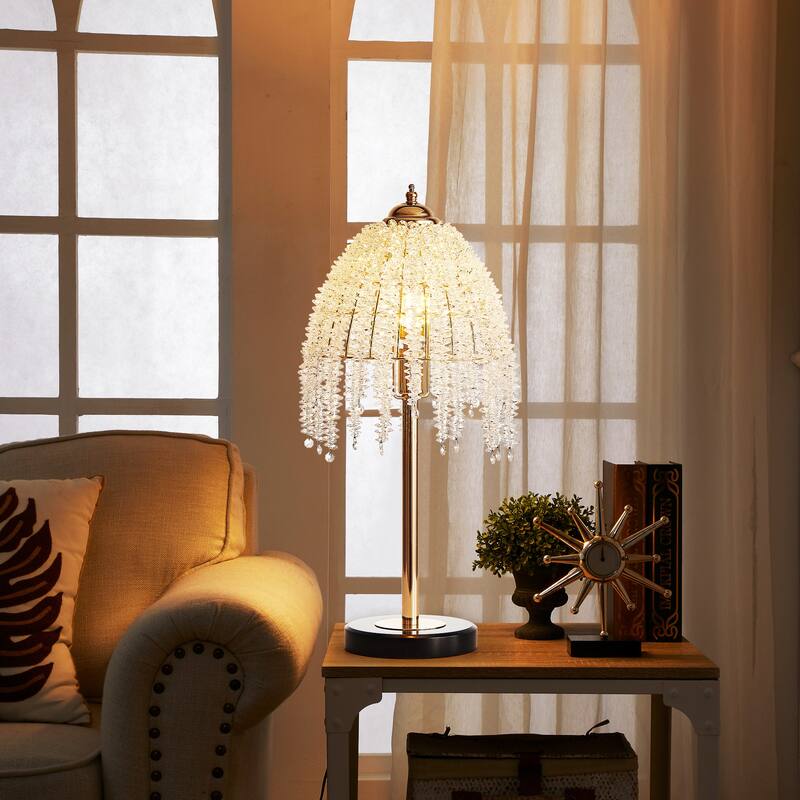 19"(H) Elegant Crystal Table Lamp - Vintage Waterfall Design with Crystal Bead String Shades and Marble Textured Base - Gold