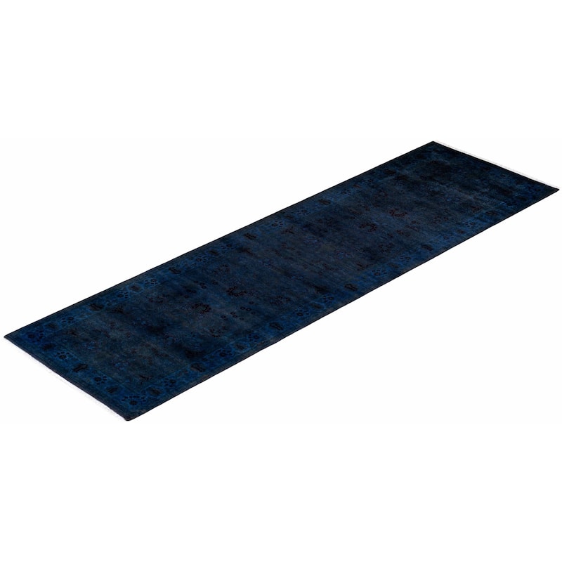 Overton Hand Knotted Wool Vintage Inspired Modern Contemporary Overdyed Navy Runner Rug - 3' 1" x 10' 5"