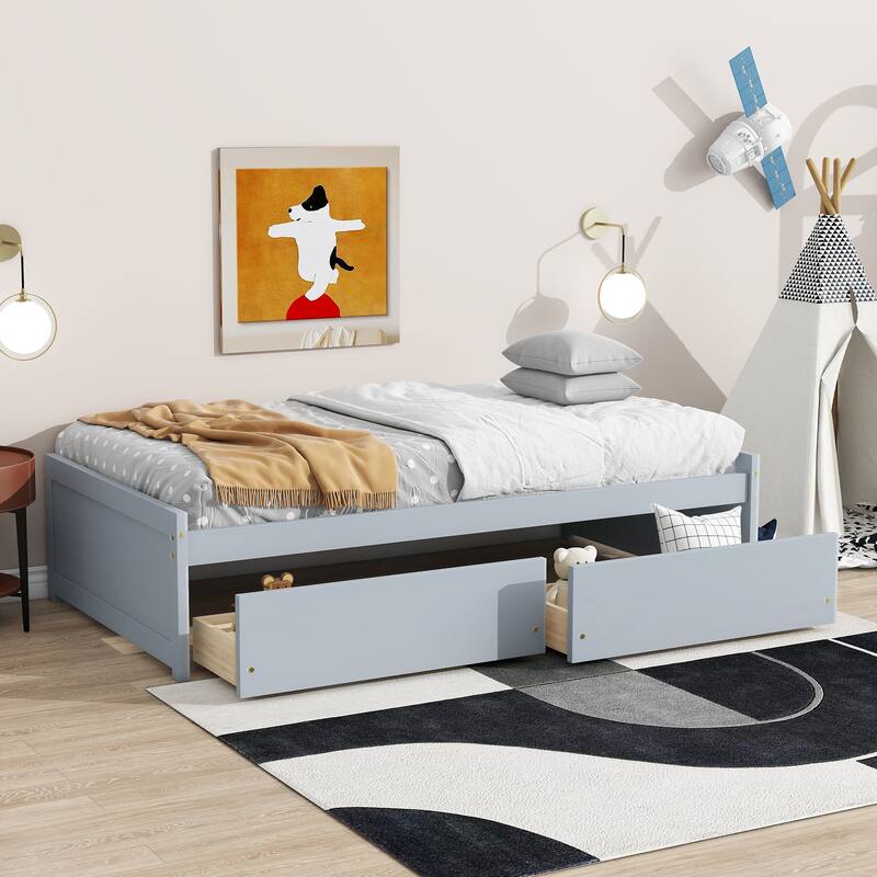 Twin Size Storage Bed with 2 Drawers Solid Rubber Wood Platform Bed, No Headboard