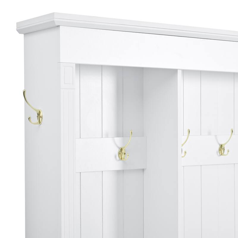 APP Controlled LED Hall Tree with Storage Bench - Farmhouse Entryway Bench with 9 Hooks, 3 Cabinets & Shelves for Mudroom