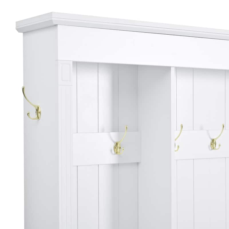 Large LED Hall Tree with 9 Hooks, Roman Column Design Storage Bench with 3 Cabinets, Farmhouse Entryway Organizer with Shelves