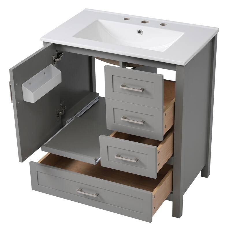 Modern 30-Inch Bathroom Vanity with Solid Wood Frame, Storage Cabinet & Soft-Close Features