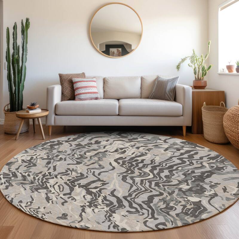 Machine Washable Indoor/ Outdoor Abstract Flow Chantille Rug - Gray - 8' x 8'