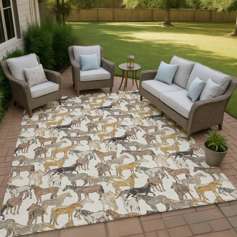 Machine Washable Indoor/ Outdoor Horse Herd Chantille Rug - Ivory - 2'6" x 3'10"