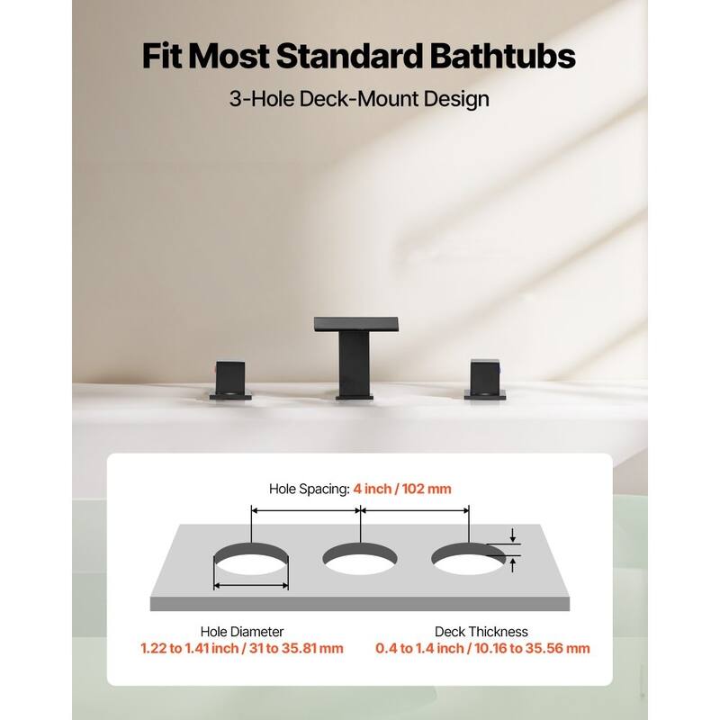 Matte Black Stainless Steel Roman Tub Faucet Set with Widespread 3-Hole and Deck Mount - 6.10” x 7.68” x 3.94”