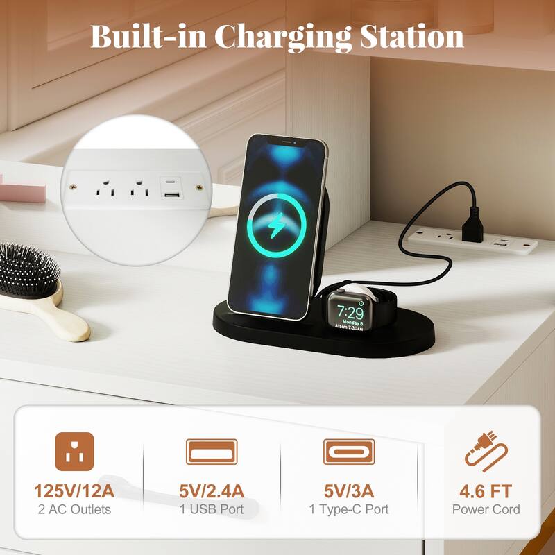 Gymax Vanity Desk w/Power OutletsMirror Cabinet Shelves Storage