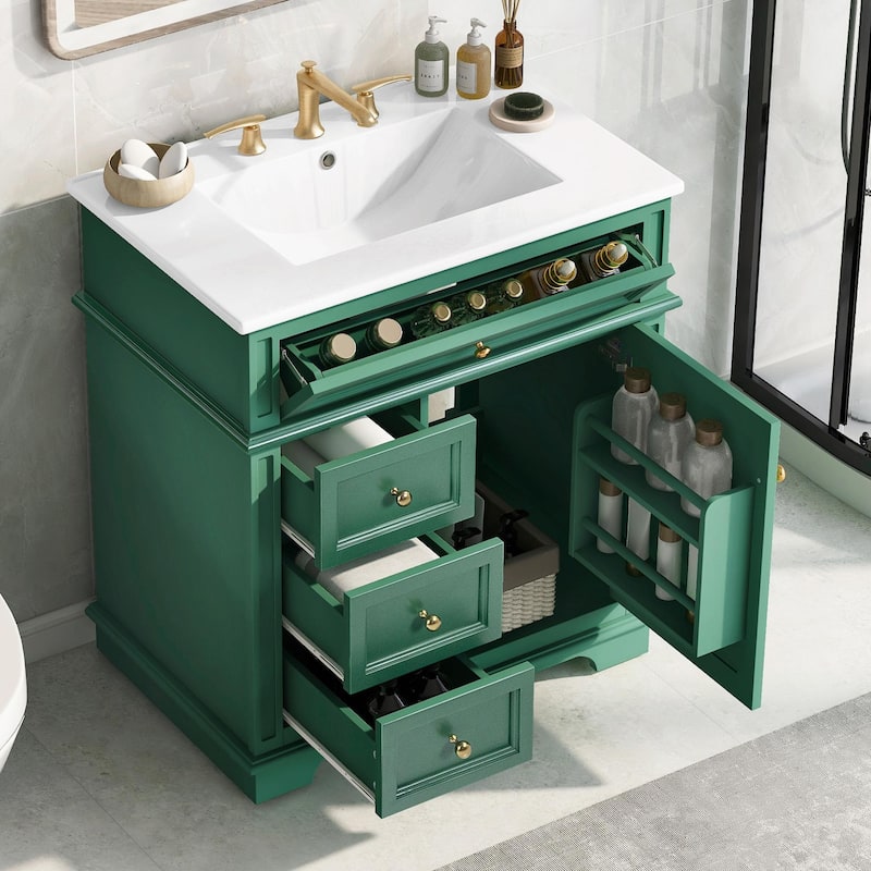 30" Bathroom Vanity with Sink, Tip-Out Drawer, Three Drawers, Door Shelf - Green