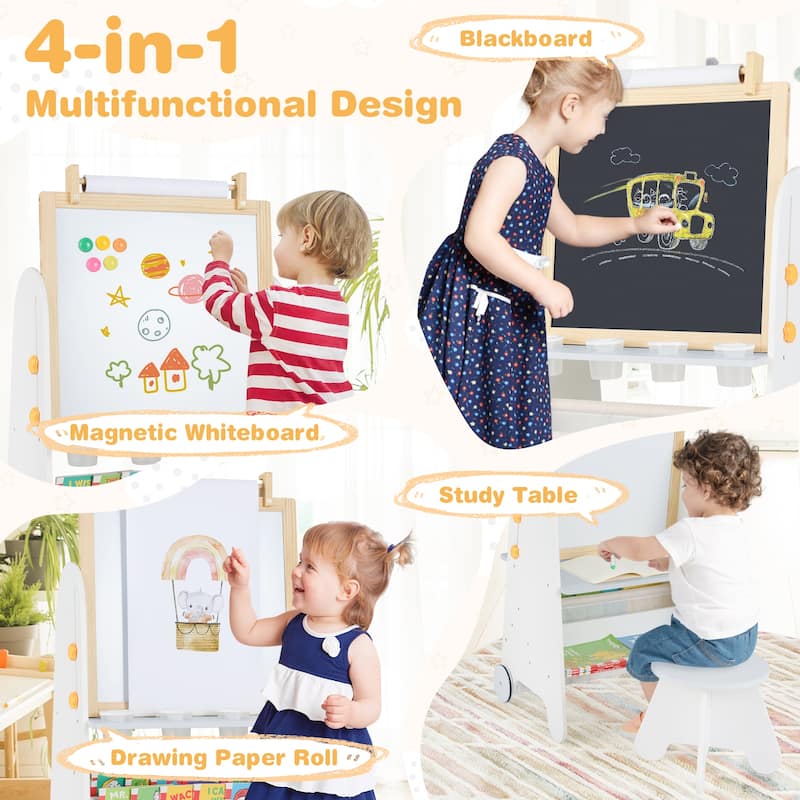 Kids 4 in 1 Art Easel and Desk with Stool Adjustable Height Whiteboard Chalkboard Paper Roll and Storage for Drawing