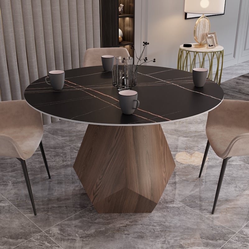 Nebo Round 47" Tempered Glass or Sintered Stone Top Dining Table with Geometric Design Ashwood Pedestal Base Kitchen Table