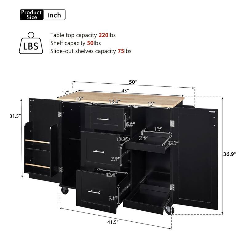 50 in. W Kitchen Island Rubberwood Top on 5 Wheels with 3 Drawers and 2 Slide-Out Shelf