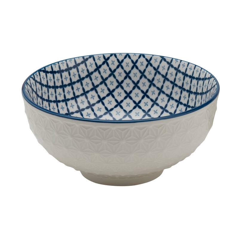 Tabletops Gallery 6.5" White Embossed Diamond & Blue Pattern Stoneware Ramen Noodle Bowls, Set of 2