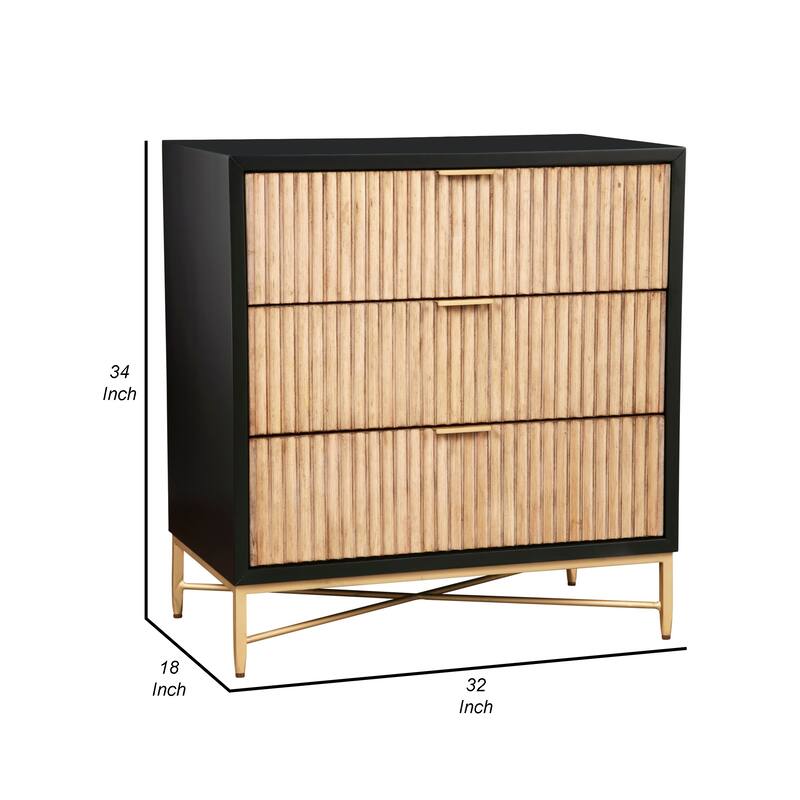 Accent Chest with 3 Corrugated Drawers and Metal Base, Black