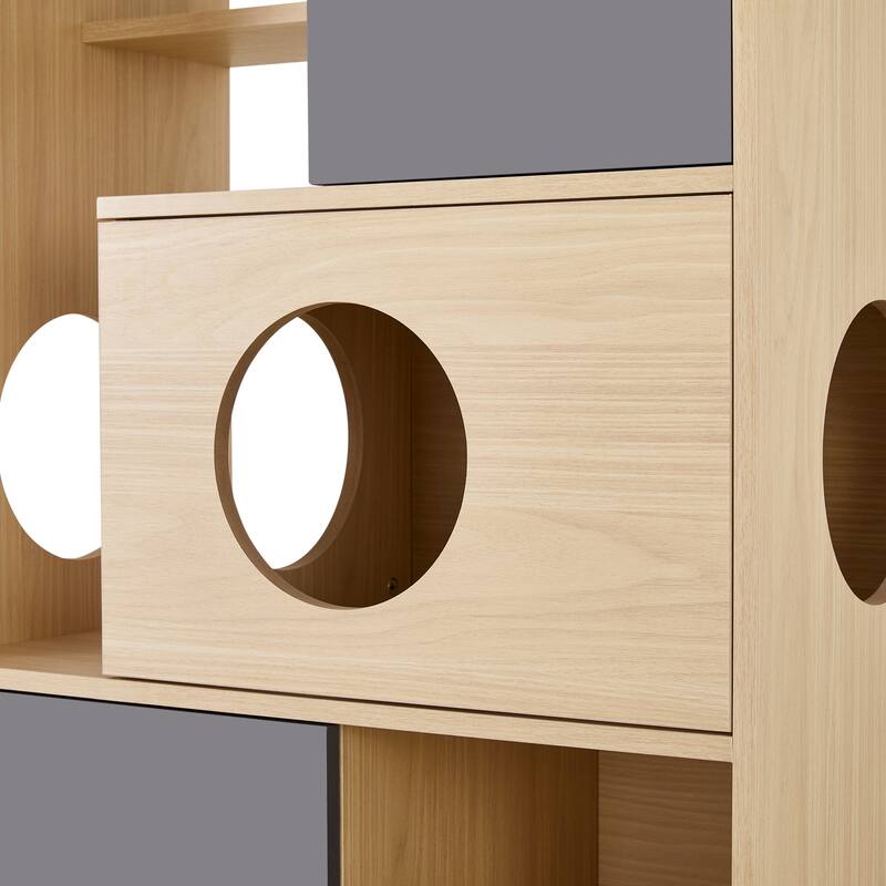 2-in-1 Modern Cat Tree & Bookshelf with Storage, Wooden Bookcase Featuring Litter Box Enclosure and Cat Climbing Shelves