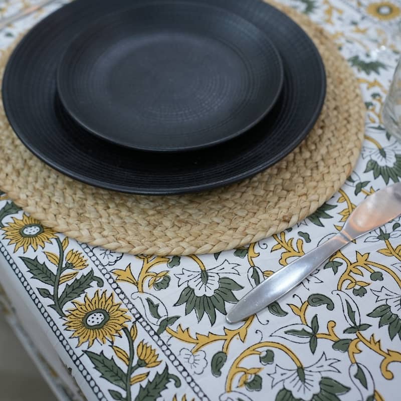 Fabdivine Handmade Block Print Cotton Brown Table Cover or Cloth Dining, Farmhouse & Kitchen Décor