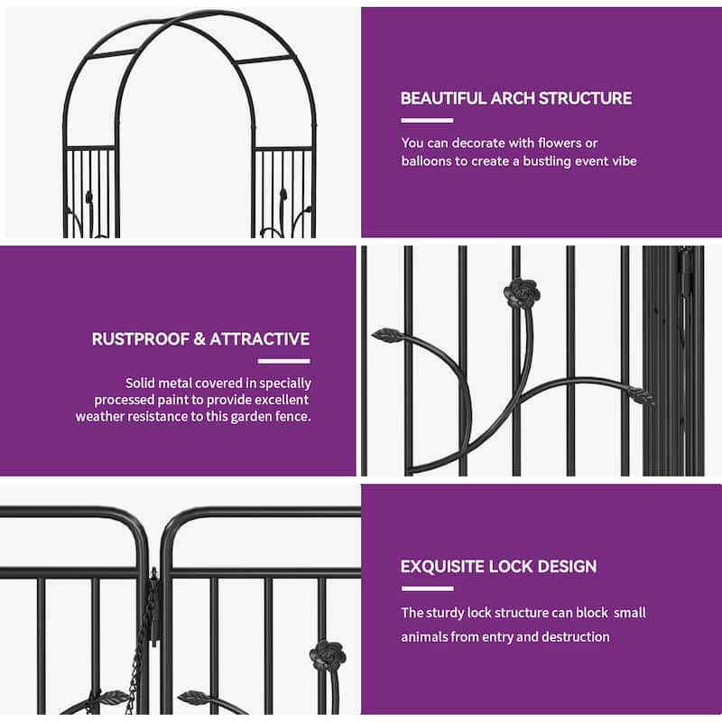 Garden Arch with Gate, Metal Garden Arbor for Climbing Plants Outdoor, Black Garden Archway for Lawn,Wedding Arches for Ceremony