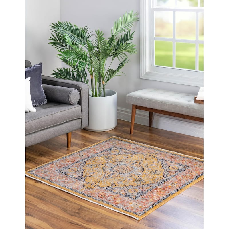 Traditional Nixa Collection Area Rug - 3'11" Square - Yellow