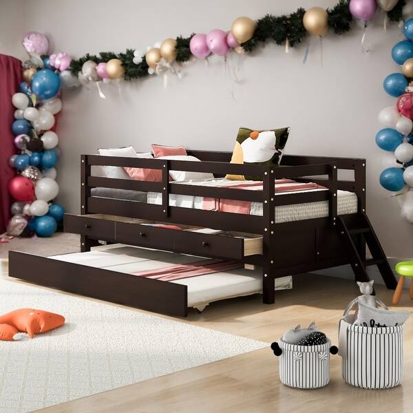 slide 2 of 16, Twin Size Low Loft Bed With Ladder,Storage Drawers and Trundle for Home Espresso