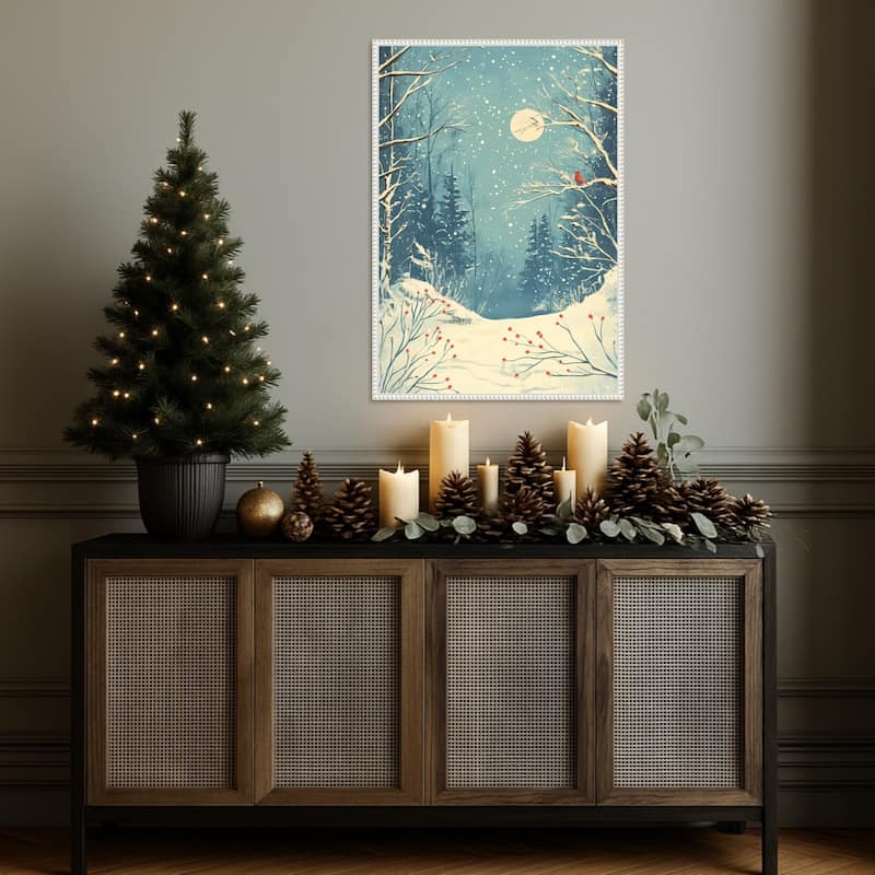 Red Bird in Snowy Forest by Pictufy Studio Framed Canvas Wall Art Print - Sylvie Beaded White