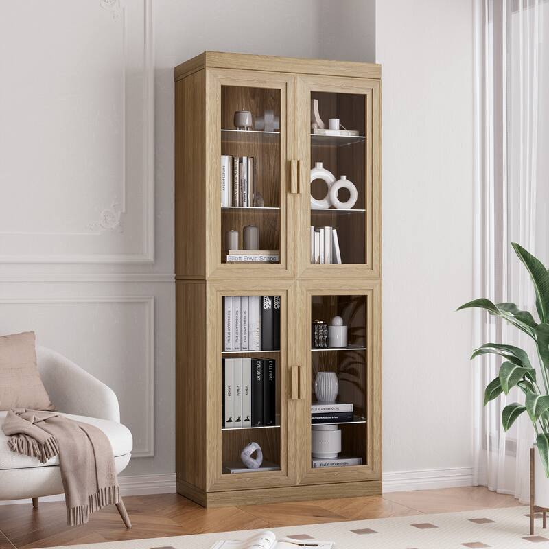 Wood Bookshelf Storage Cabinet with 2 Glass Door and Adjustable Shelf for Kitchen Bedroom Entryway Living Room Dinning Room