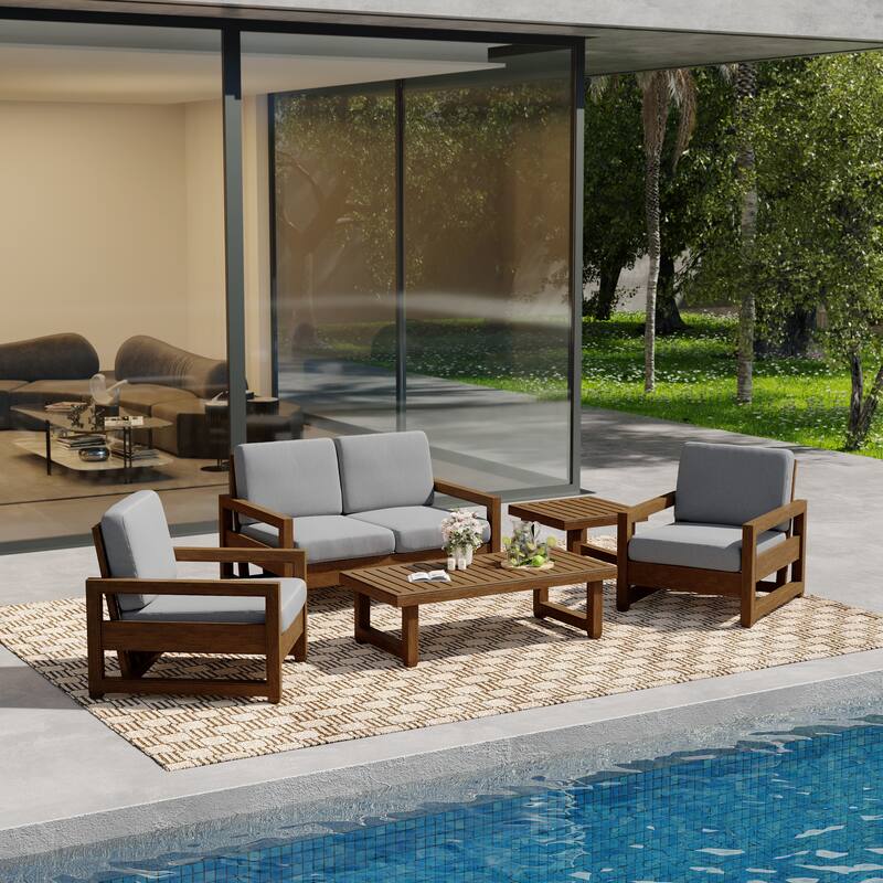 5-Piece Teak Wood Outdoor Patio Conversation Set with Cushion