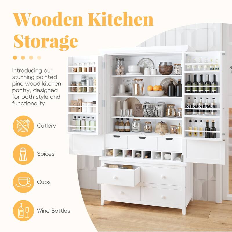 Freestanding Large Kitchen Pantry Wooden Kitchen Storage Cabinet Cupboard with 8 Door Shelves,