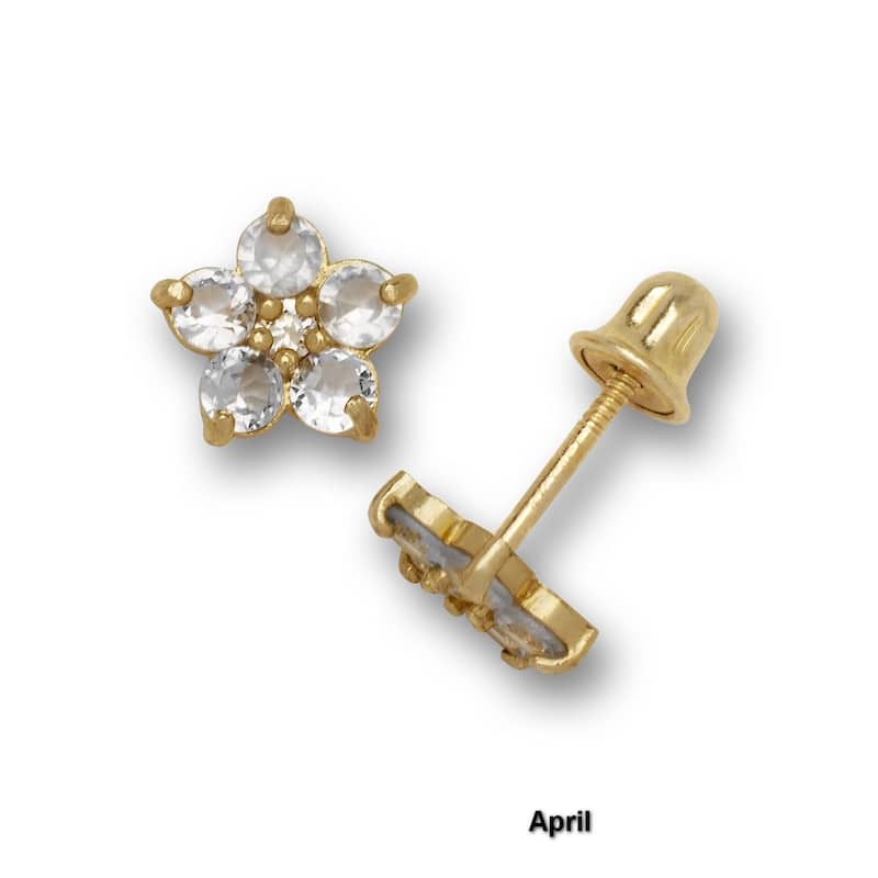 14K Yellow Gold Cubic Zircornia Small Flower Birthstone Screw-back Stud Earrings (12 colors) (5mm)