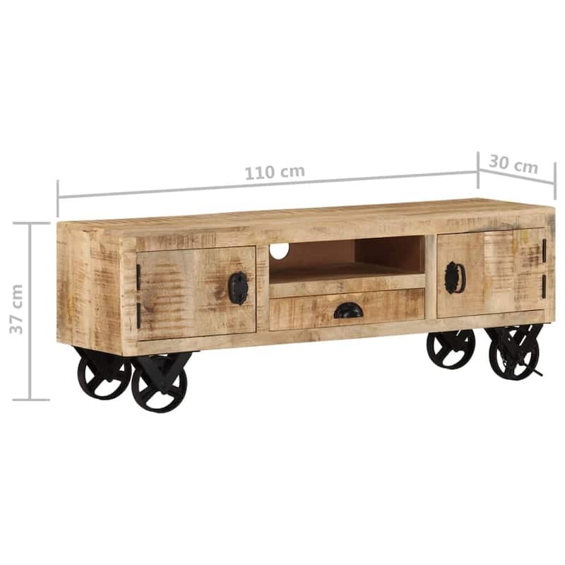 vidaXL TV Stand with Wheels 43.3"x11.8"x14.6" Rough Mango Wood - 43.3" x 11.8" x 14.6"