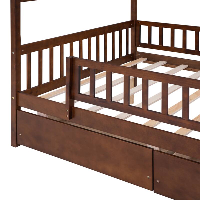 Kids Twin/Full Wooden House Bed with Roof and Storage Drawers, Solid Pine Frame