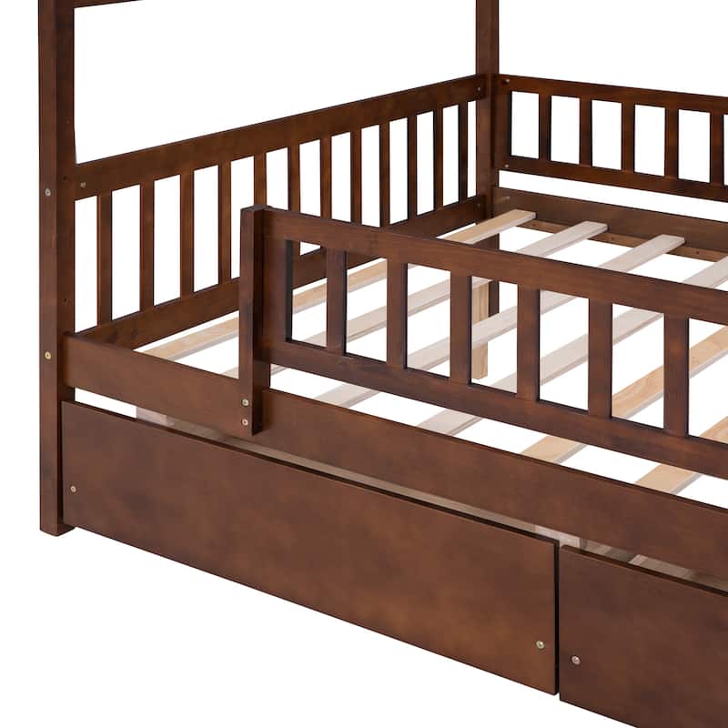 Wooden House Bed with Two Drawers