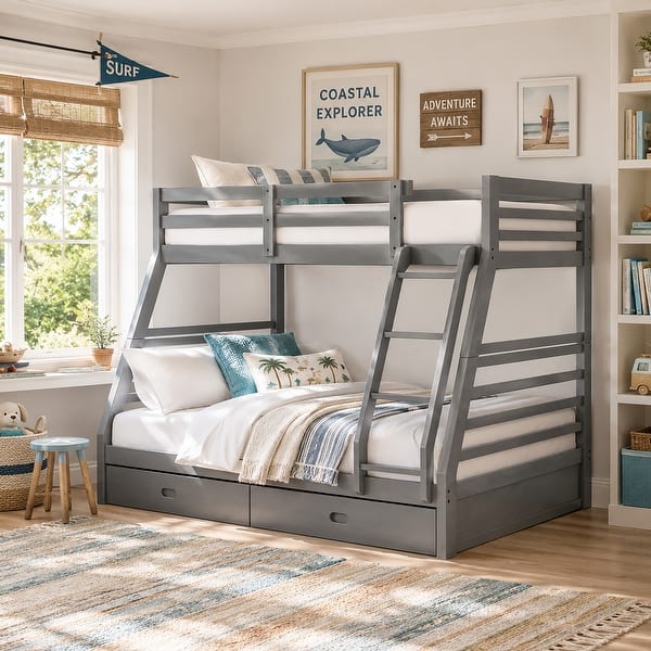 slide 2 of 27, Furniture of America Cude Modern Twin over Full Solid Wood Bunk Bed Set Grey