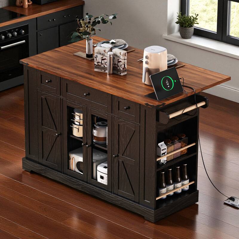 53" Farmhouse Kitchen Island with Drop Leaf & Power Outlet, Rolling Kitchen Cart with Glass Doors, 5 Side Racks & 3 Drawers - Black