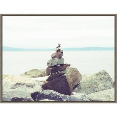 Bay Rocks and Beach II by Sonja Quintero (24 x 18 in.), Framed Canvas Wall Art Print - Sylvie Greywash