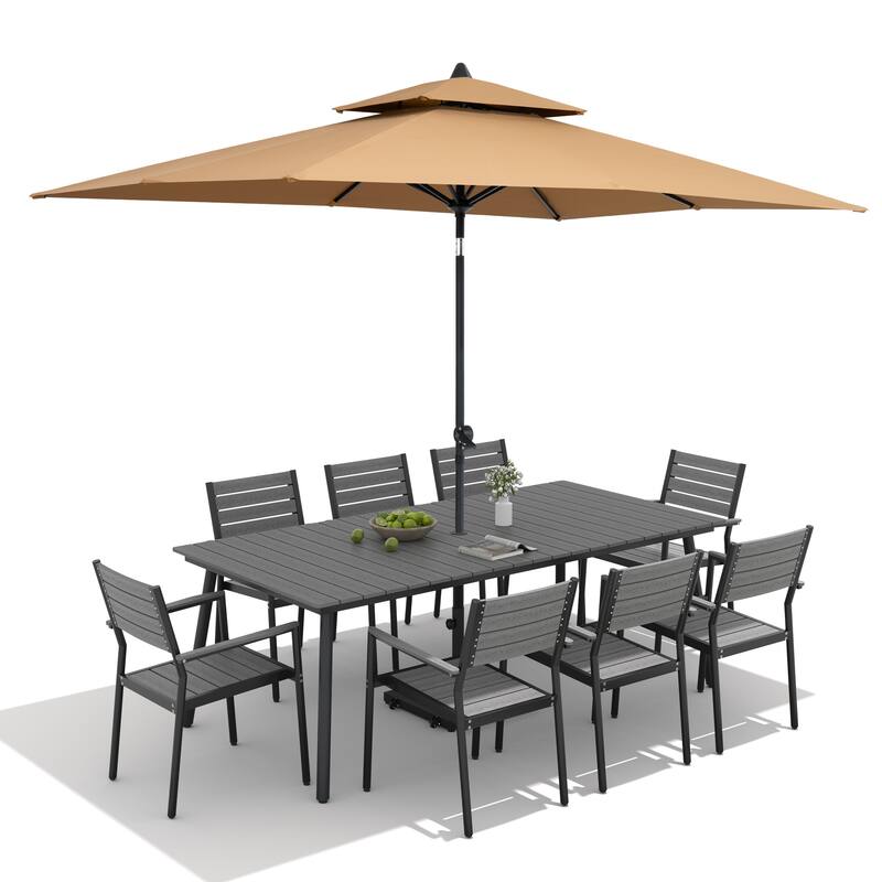 11-Piece Outdoor Dining Set 8 Stackable Chairs and Aluminum Table w/ 10 ft Umbrella and Base Stand