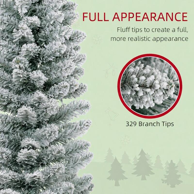 Snow Flocked Pencil Artificial Tree - Metal Base, Holiday Decor - Green