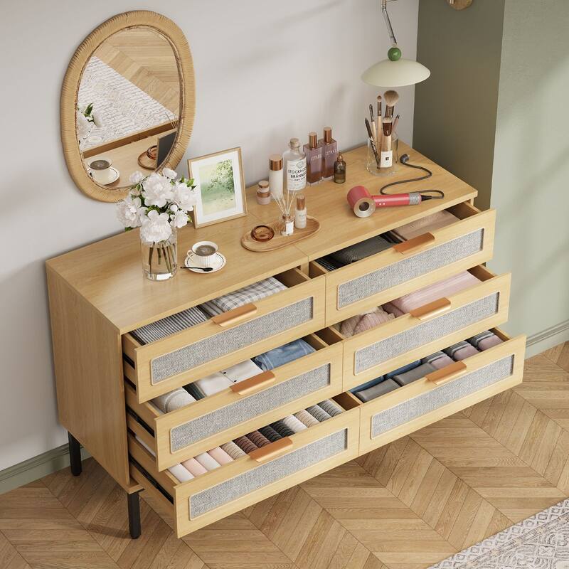Gymojoy 47" 6 Drawer Rattan Dresser for Bedroom, Boho Farmhouse Wood Chest of Drawers with Metal Handles, Closet Organizer