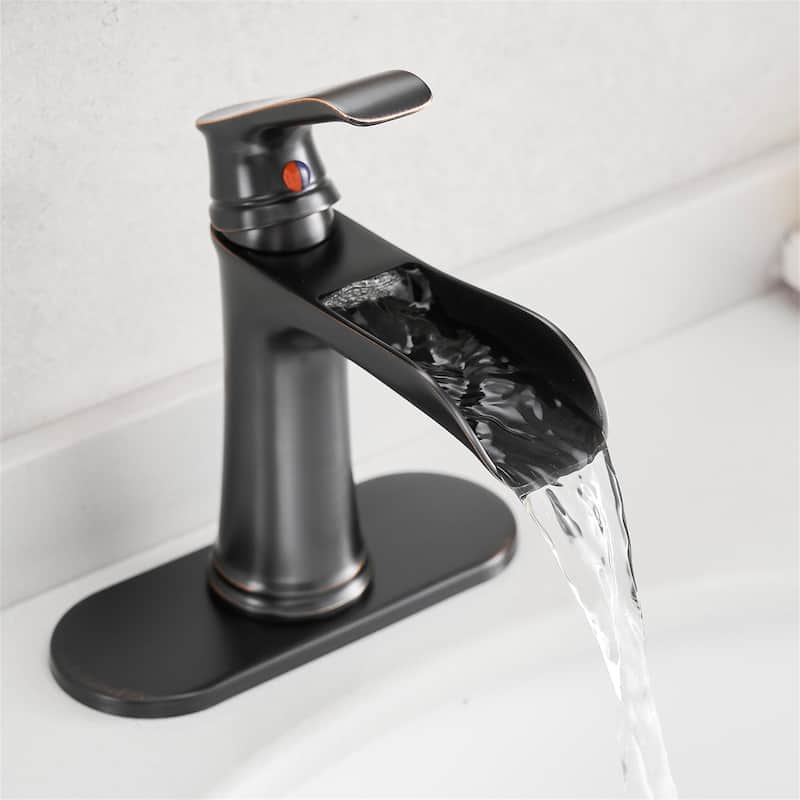 Single Handle Waterfall Bathroom Faucet with Drain Assembly Brass 1 Hole Modern Bathroom Sink Vanity Taps with Deck Plate
