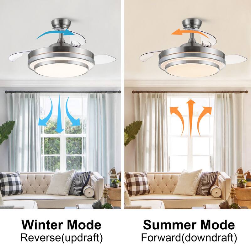 Modern 42 in Brushed Nickel Ceiling Fan with Retractable Blades and DC Motor - 42 INCHES