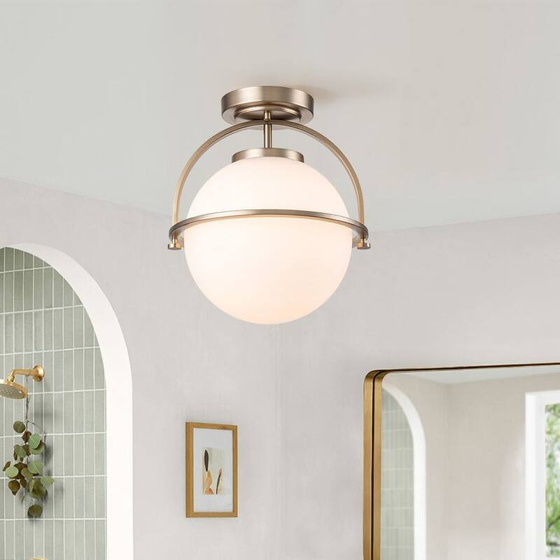 1-Light Brass Frosted Glass Globe Semi-Flush Mount