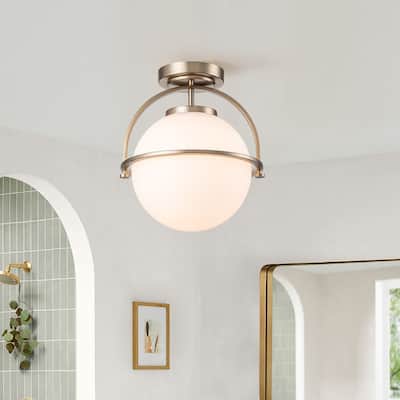 1-Light Brass Frosted Glass Globe Semi-Flush Mount