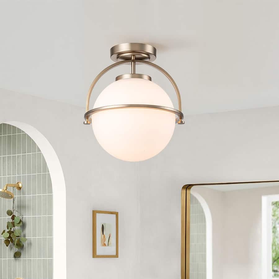 1-Light Brass Frosted Glass Globe Semi-Flush Mount