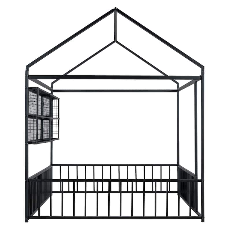 Full Metal House Bed Frame with Storage Shelves & Fence