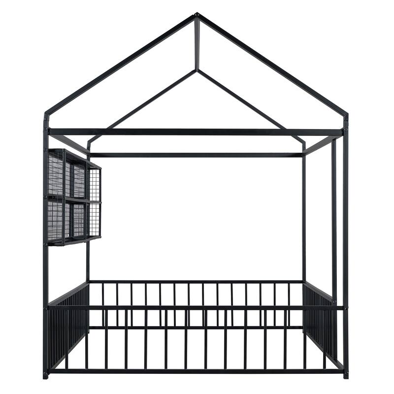 Full Size Metal House Bed Frame with Built-In Grid Shelves, Playful Canopy Design and Space-Saving Storage